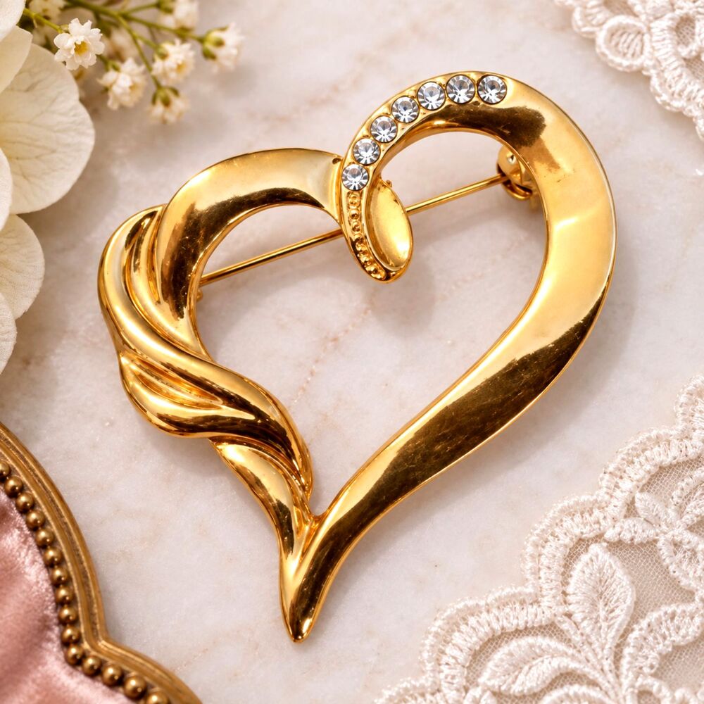 Vintage Gold Tone Rhinestone Accented Heart Brooch